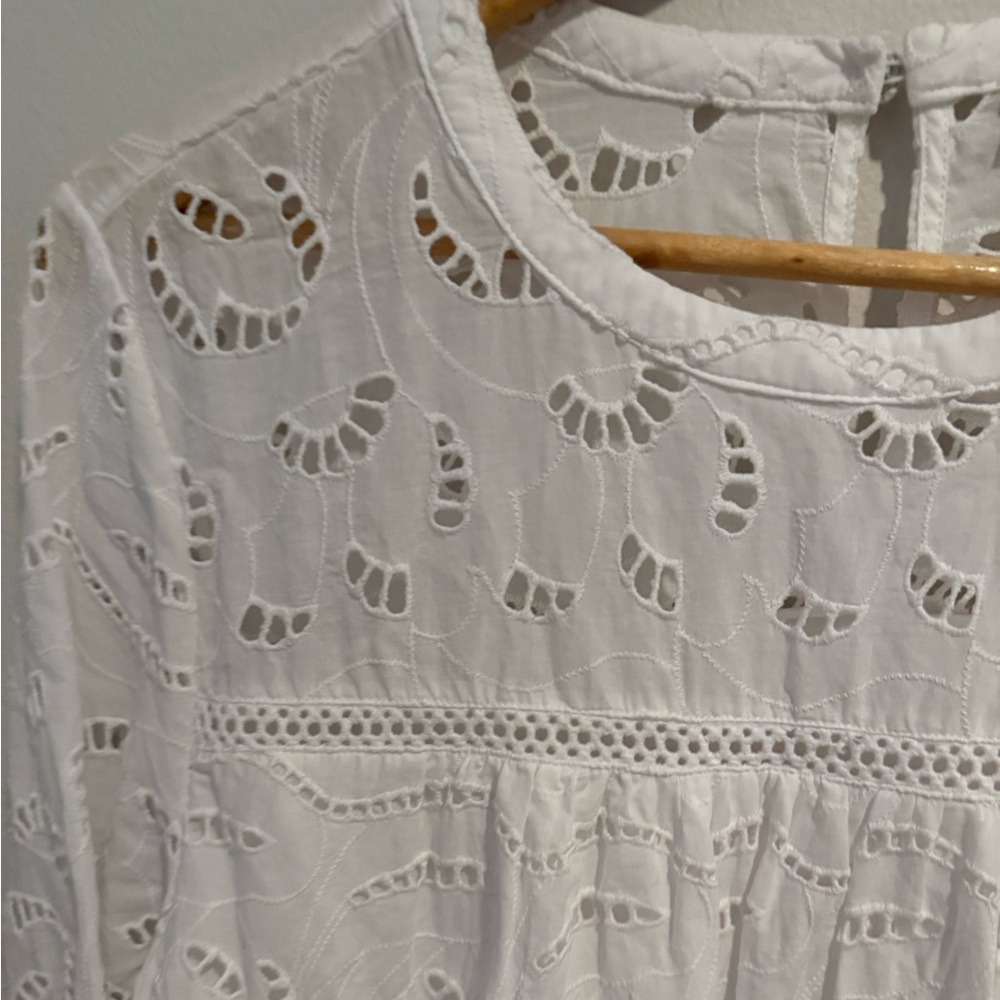 Loft White Eyelet bridal Lace Mini Dress Boho Cottagecore Scallop Hem Large Tall - Picture 7 of 15
